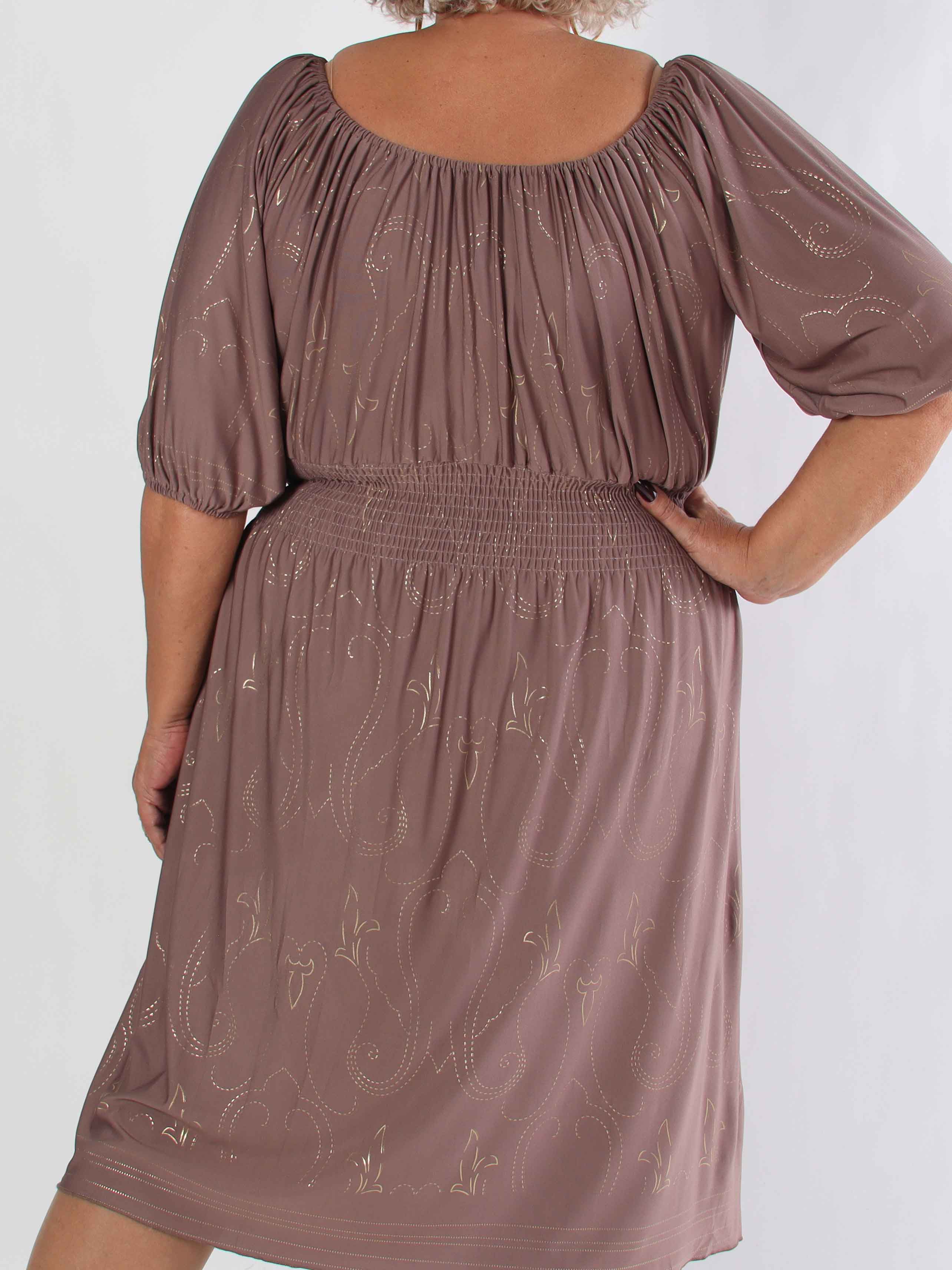 Cora Royal Gold Midi - Elastisk plus size kjole med guld print